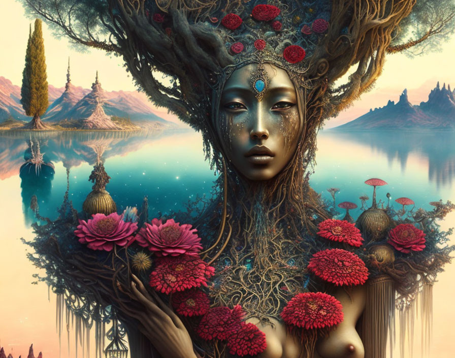 Fantasy artwork of woman's face with tree-like features and vibrant red flowers