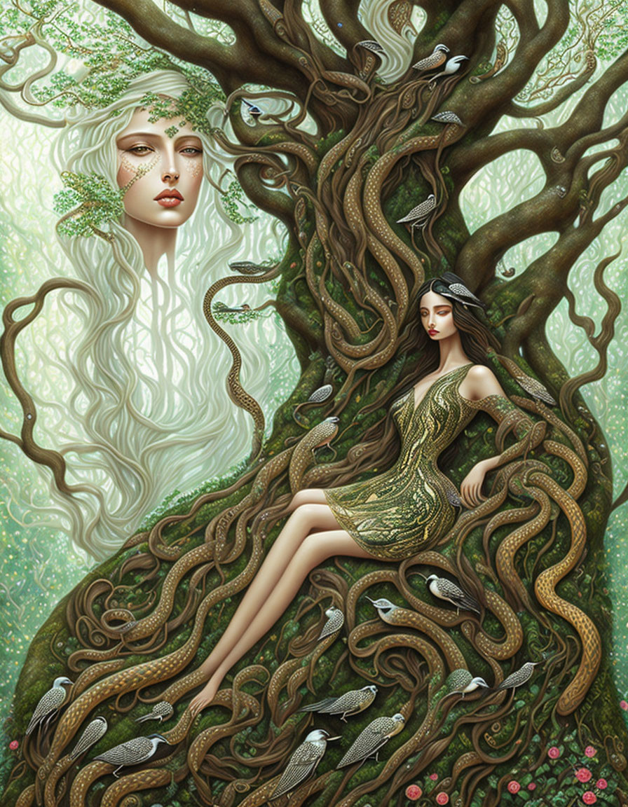 Fantasy artwork of woman in serpentine dress on twisted tree roots