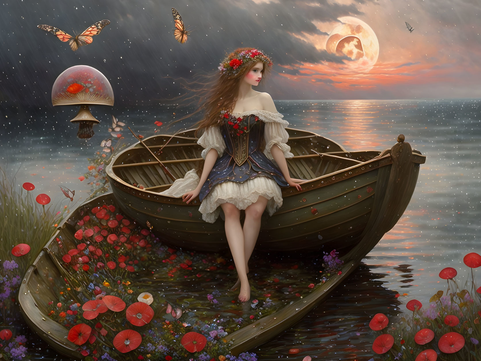 Young woman in flower-filled boat under full moon with butterflies and floating mushroom