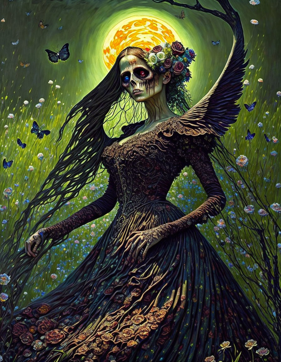 Skeleton with flower crown and butterfly in ornate dress in magical forest for Dia de los Muertos.