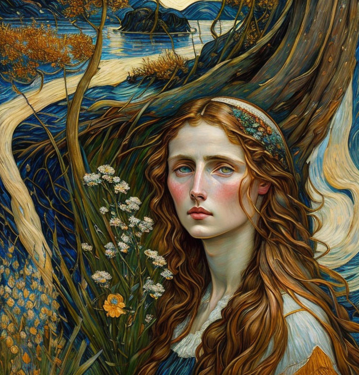 Illustrated woman with auburn hair in blue and golden river landscape