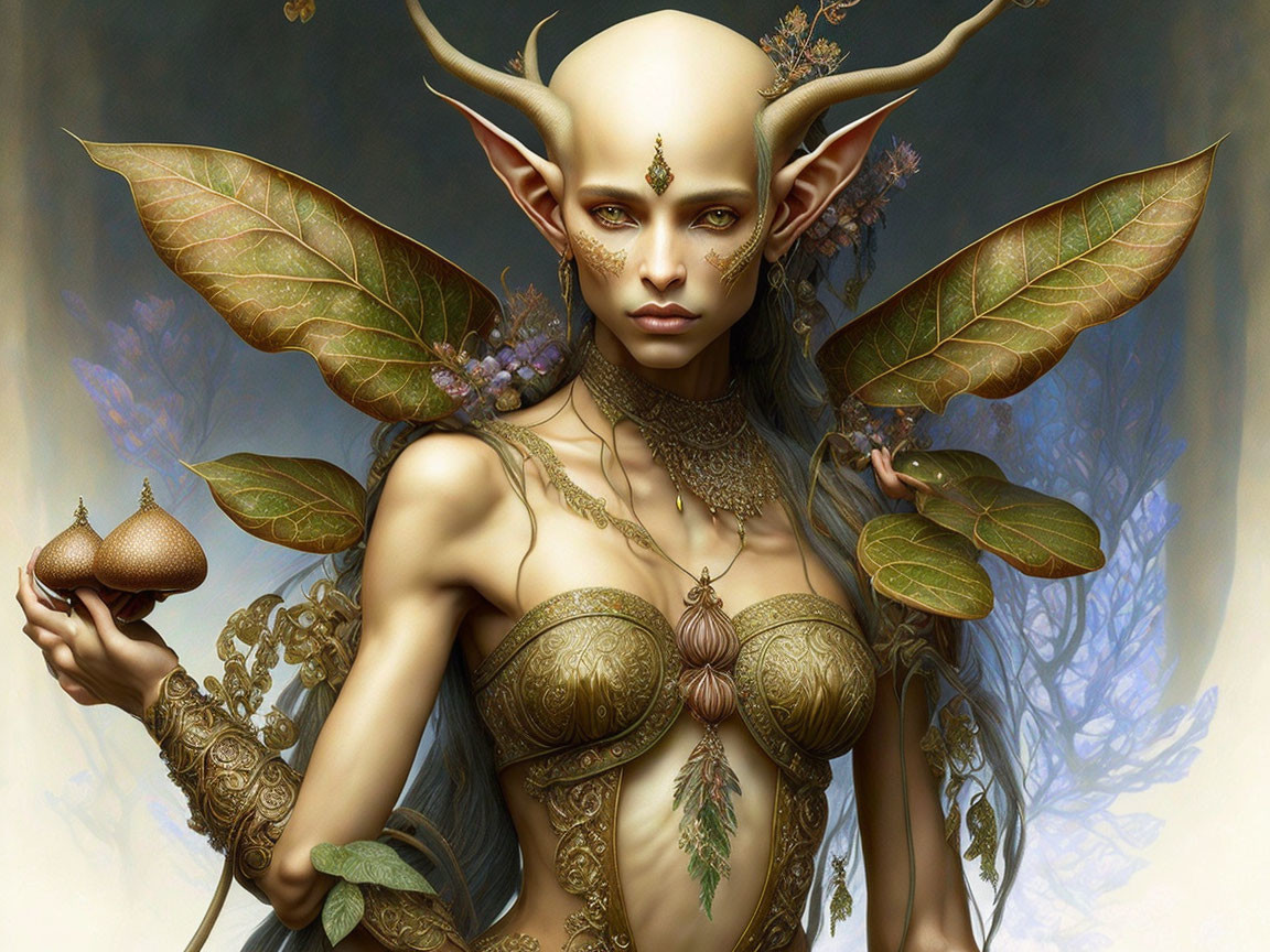 Fantasy elf with wings and balance scale in mystical forest