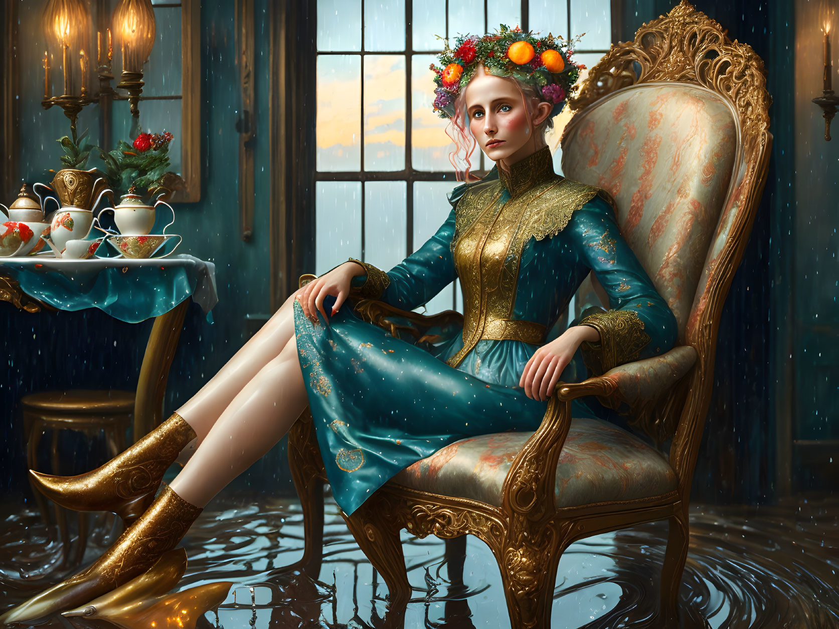 Elegant woman in teal, gold-embellished dress and headdress in flooded, candlelit