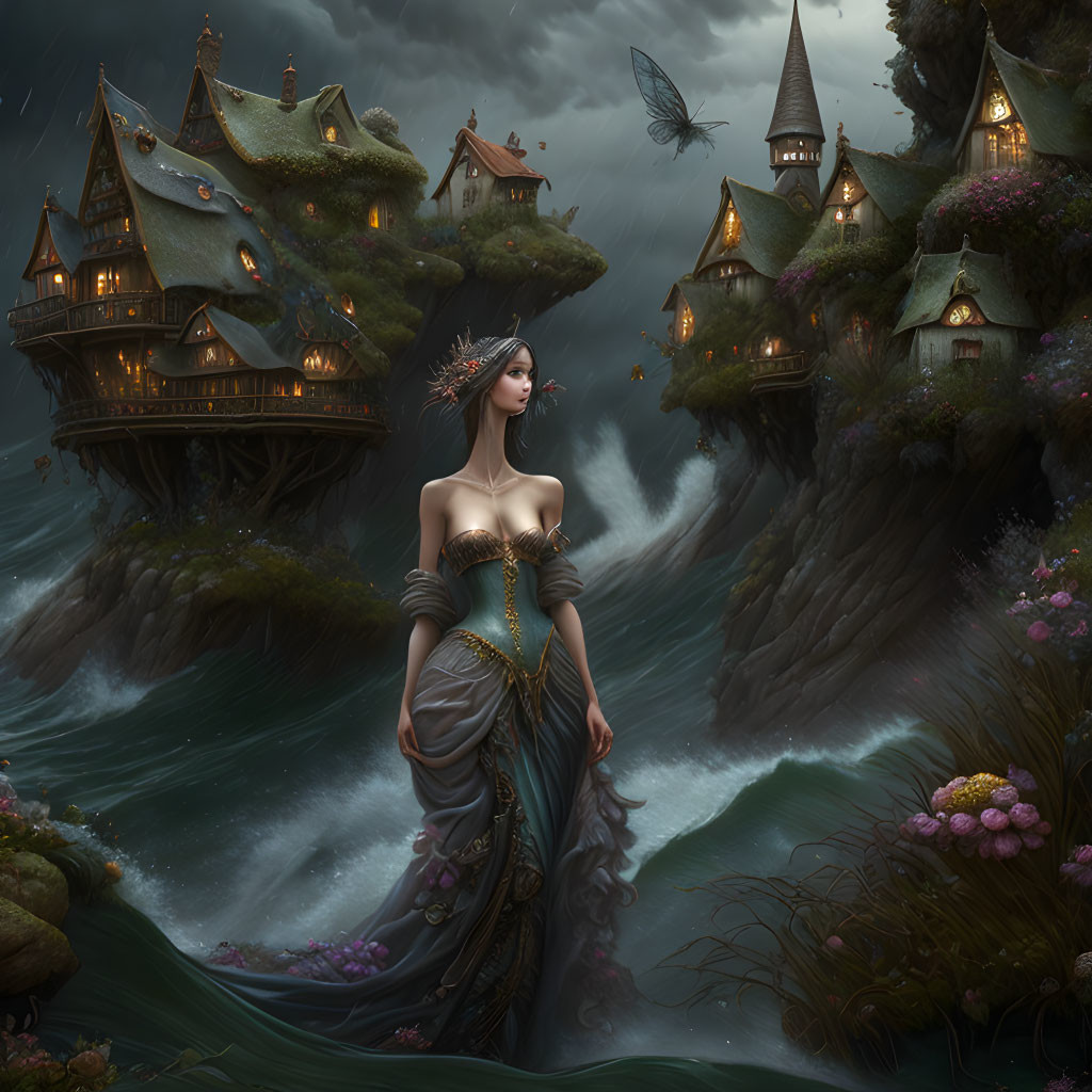 Woman in elegant dress amidst floating islands and glowing lights.