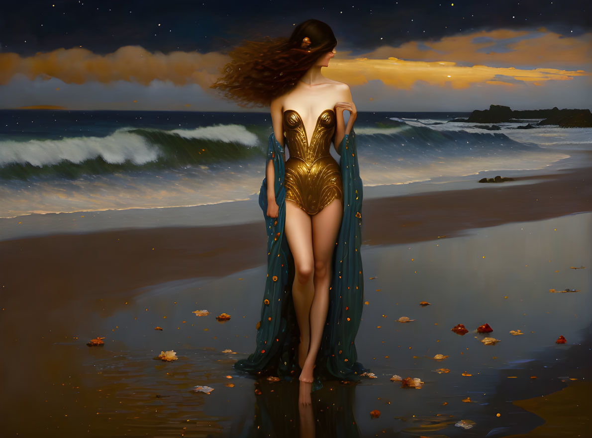 Woman in blue gown on beach at sunset gazing at sea