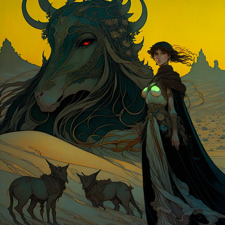 Woman with flowing cape next to mythical beast in mountain landscape