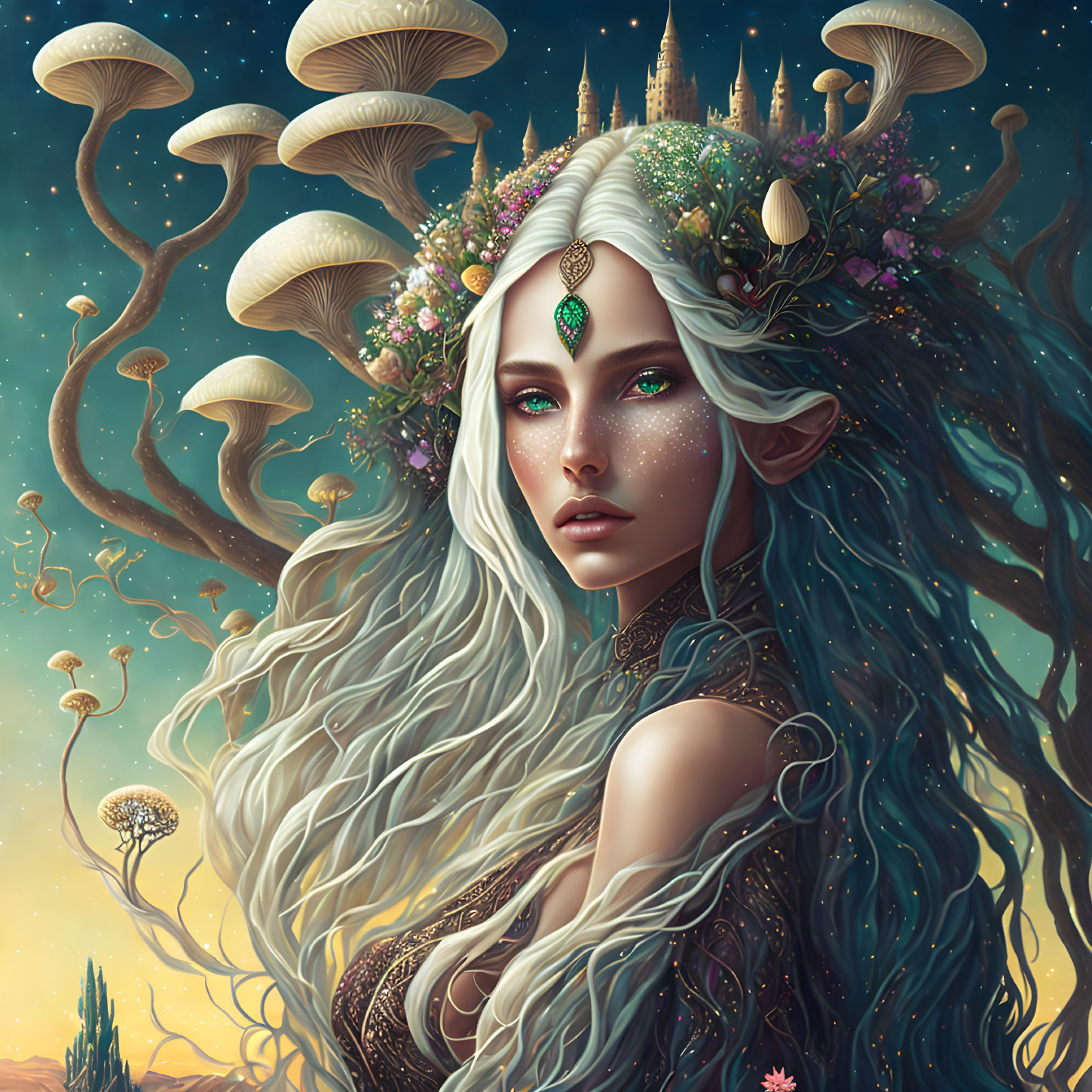 Mystical female figure with wavy hair, floral crown, gem, mushrooms, starry sky