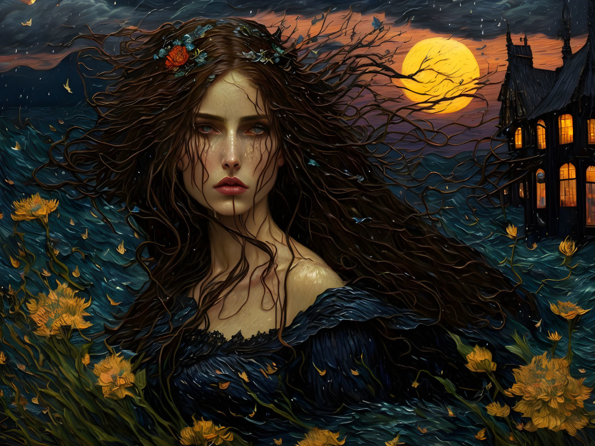 Woman with flowing hair in yellow flower field under moonlit sky