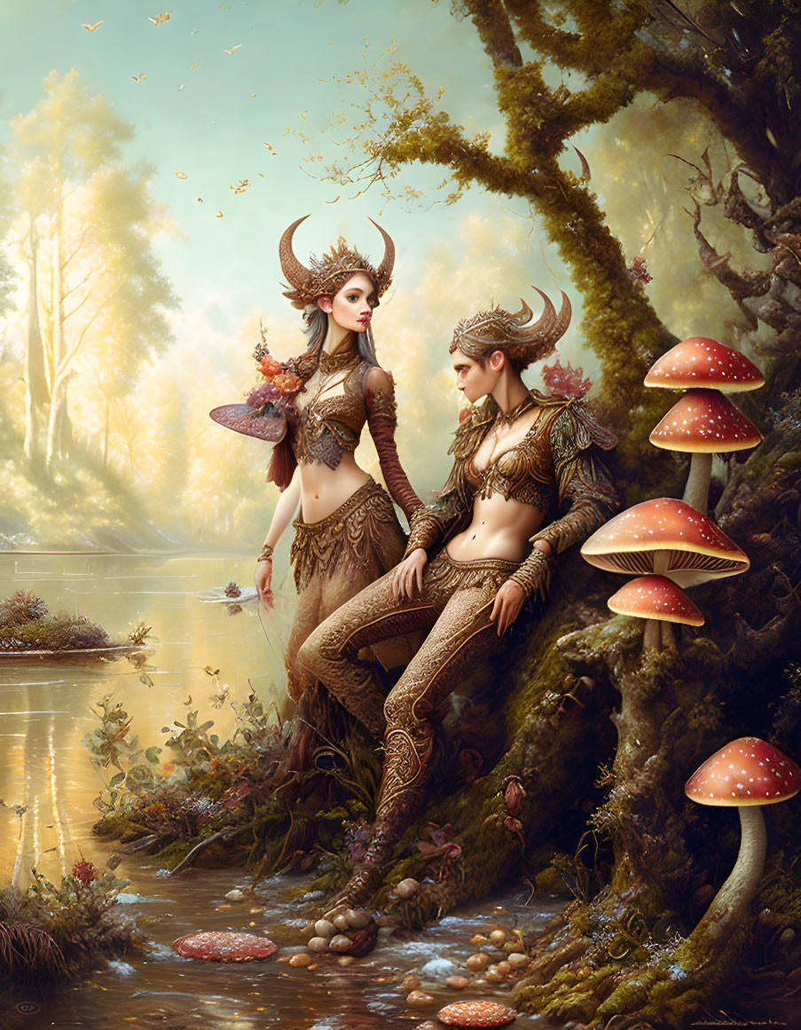 Fantasy illustration of humanoid creatures in ornate armor by serene pond