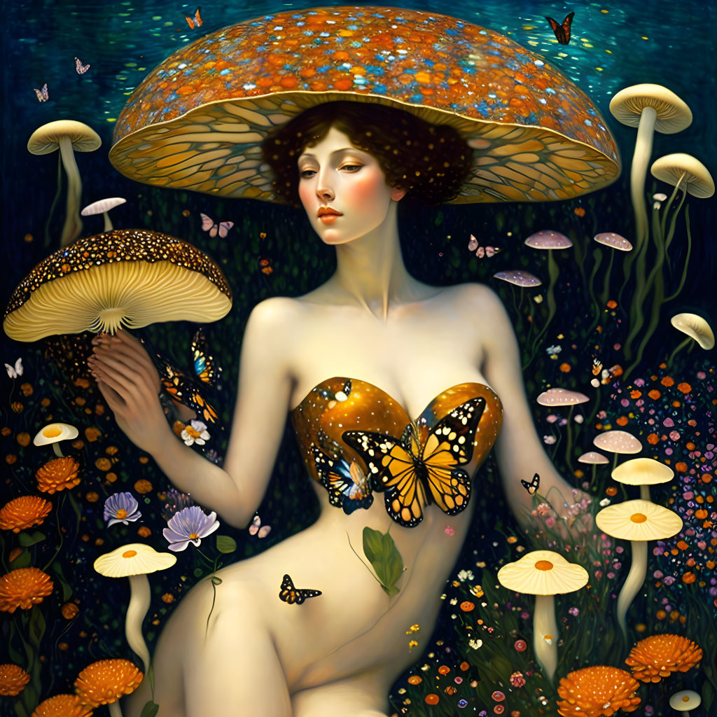 Fantasy painting: Woman with mushroom hat, surrounded by nature.