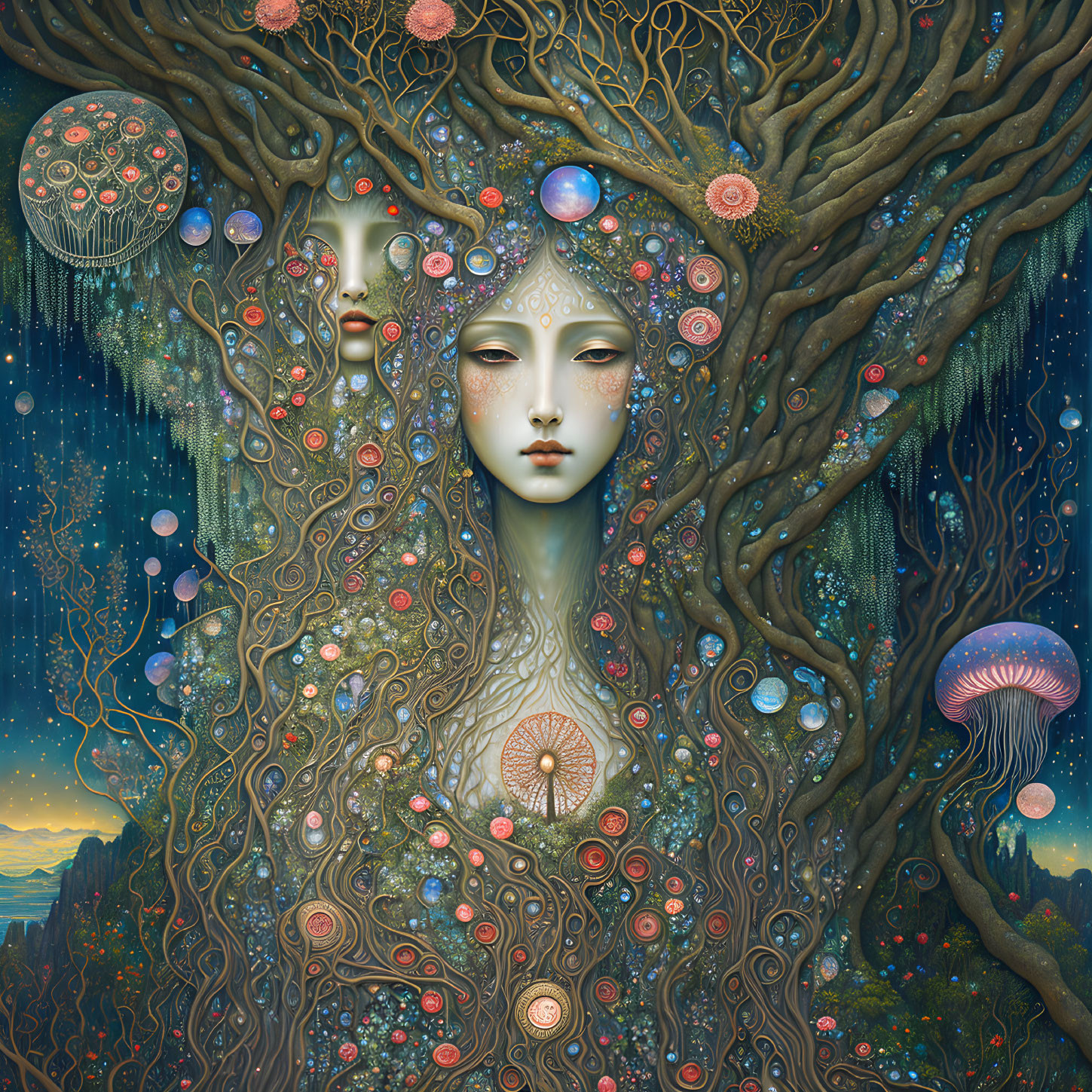 Surrealist female figure intertwined with tree and celestial orbs