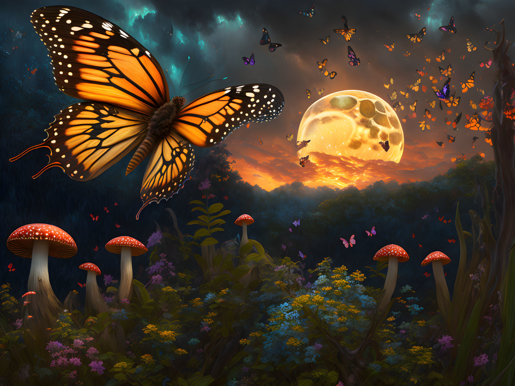 Colorful digital artwork: Large butterfly, smaller ones, red-capped mushrooms, lush flora, surreal