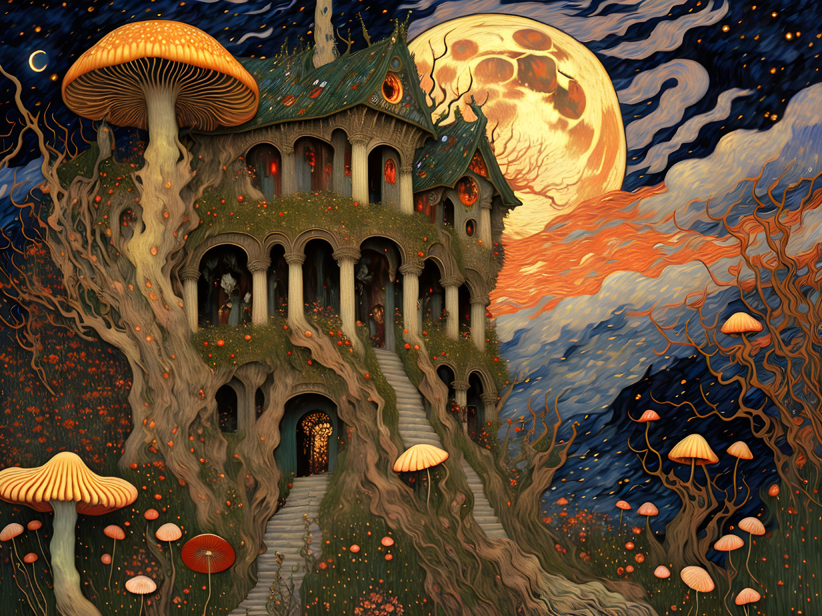 Mushroom-castle under full moon in enchanted forest