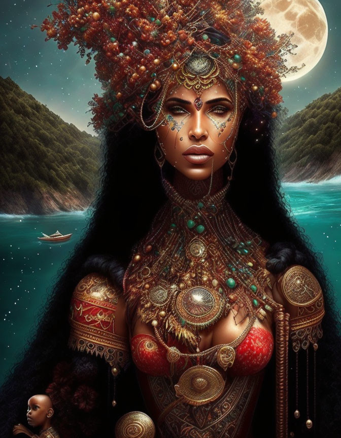 Elaborately adorned woman in moonlit seascape