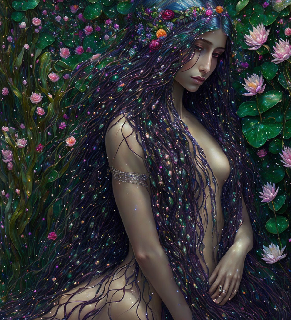 Digital artwork: Woman with flowing hair, flowers, beads, greenery, water lilies