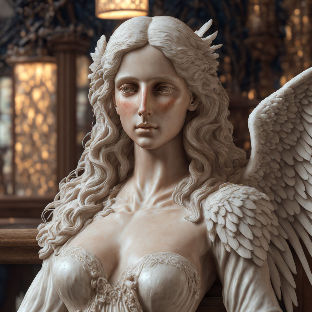 Intricate winged woman statue with feathered wings and contemplative expression