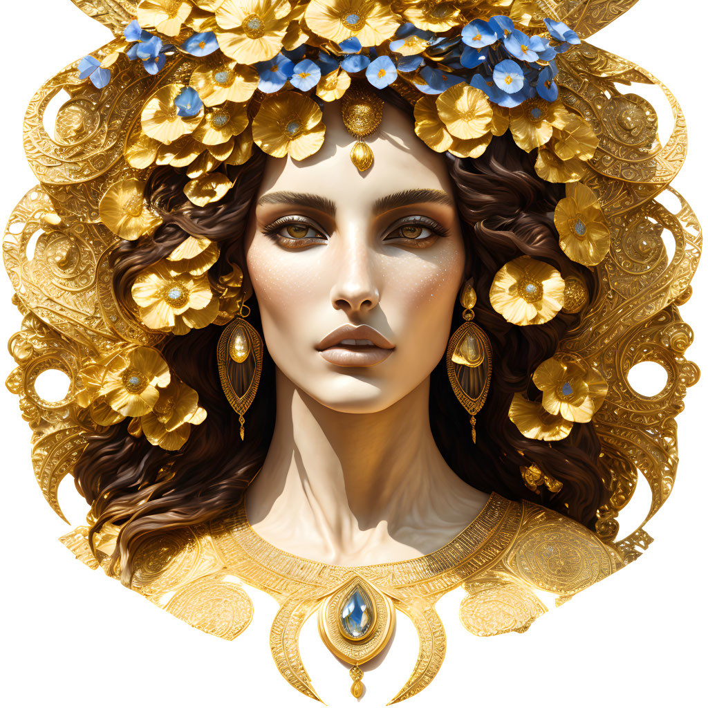 Elaborate golden headdress with blue flowers on woman portrait