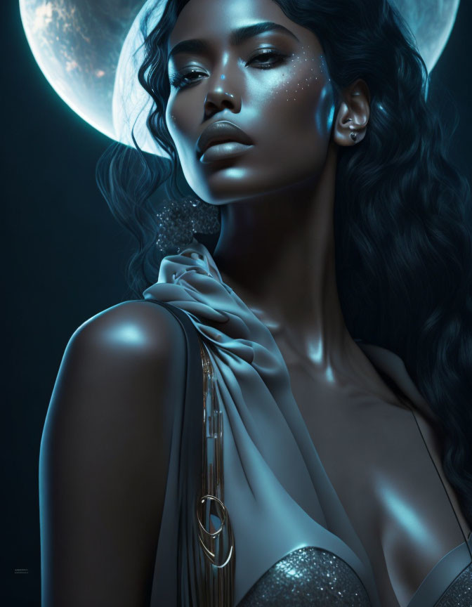 Moonlit digital artwork of a woman with shimmering skin and flowing fabrics.