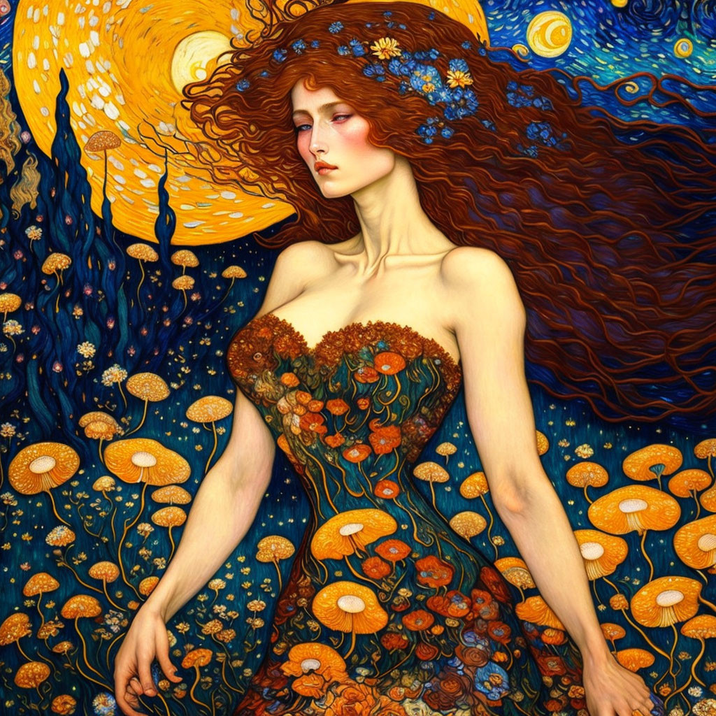 Stylized painting of woman in floral dress against Van Gogh-inspired background