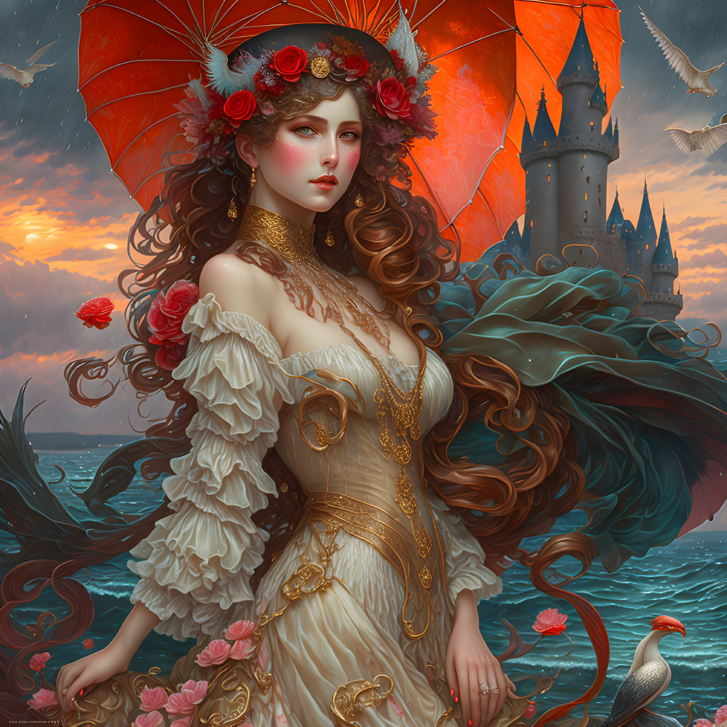 Regal woman in ornate gown with red umbrella in fantastical seascape