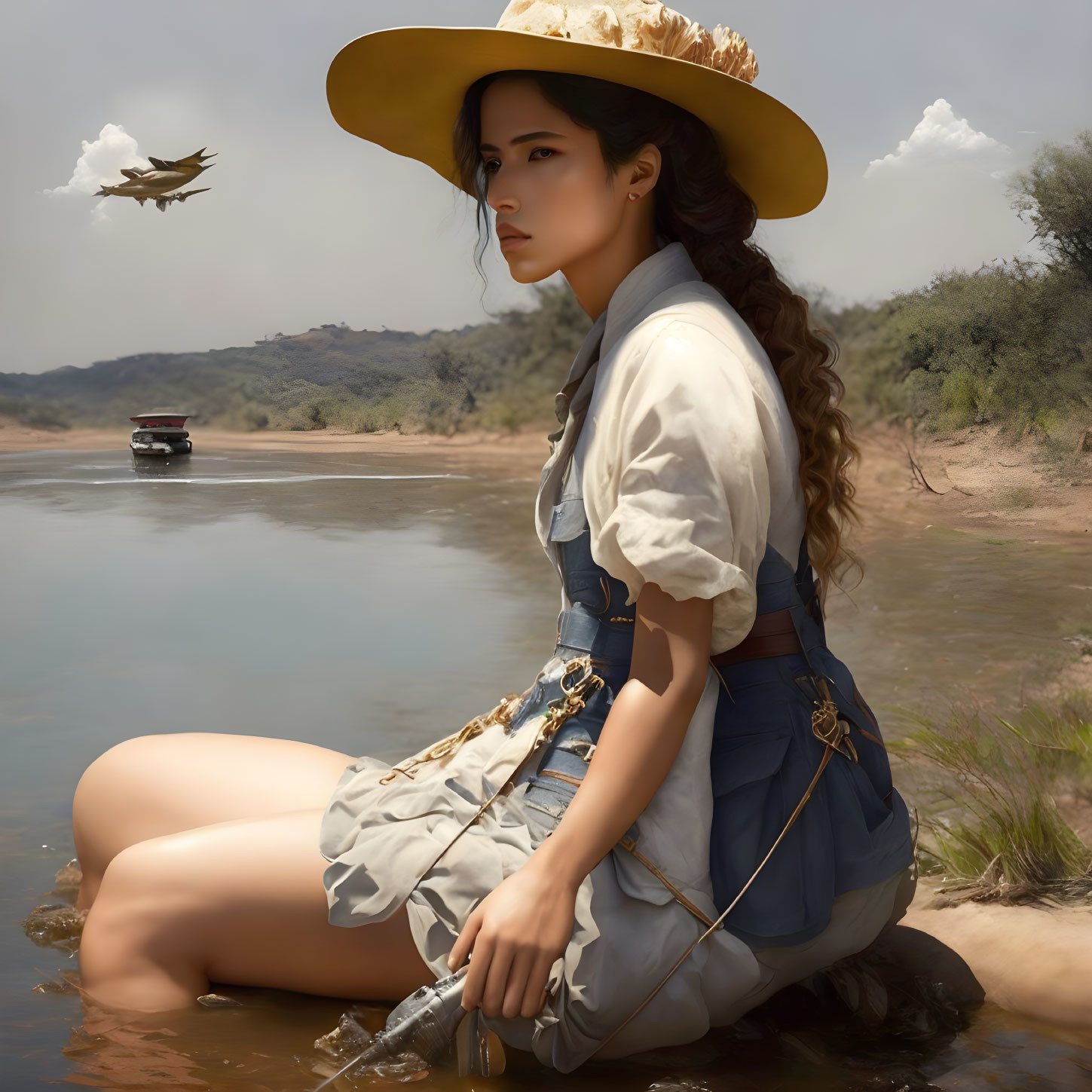 Vintage woman near riverbank with boat and flying machine, steampunk theme