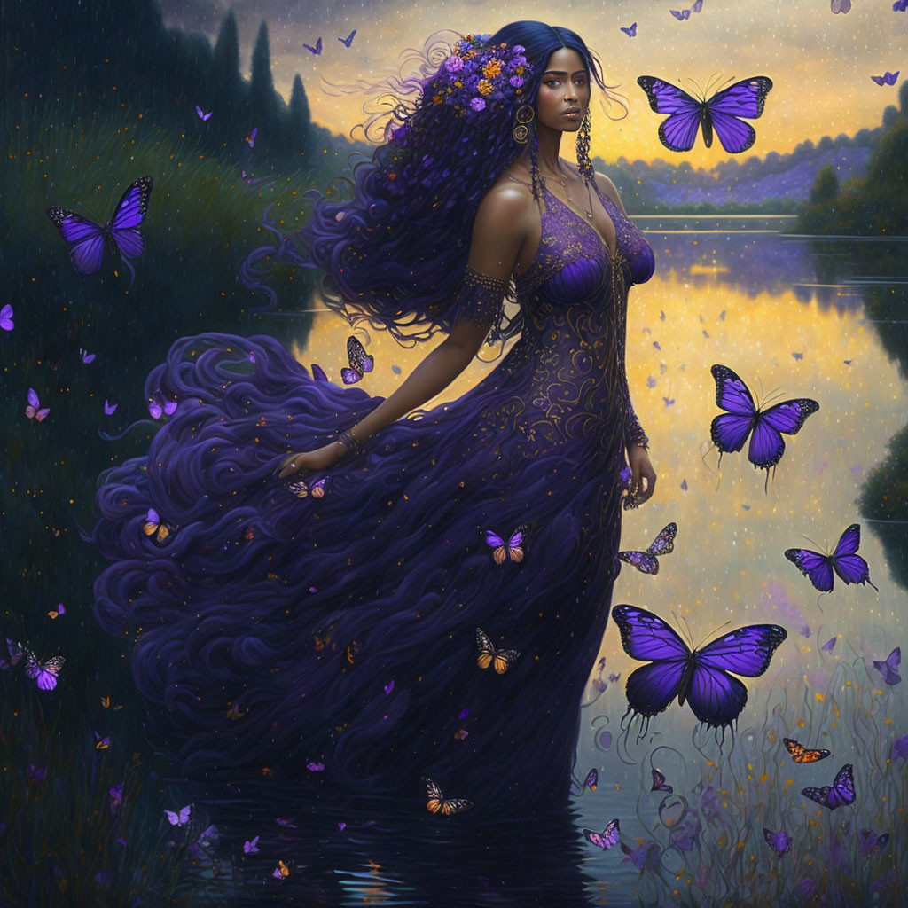 Woman with Purple Hair and Flowers by Lake at Dusk