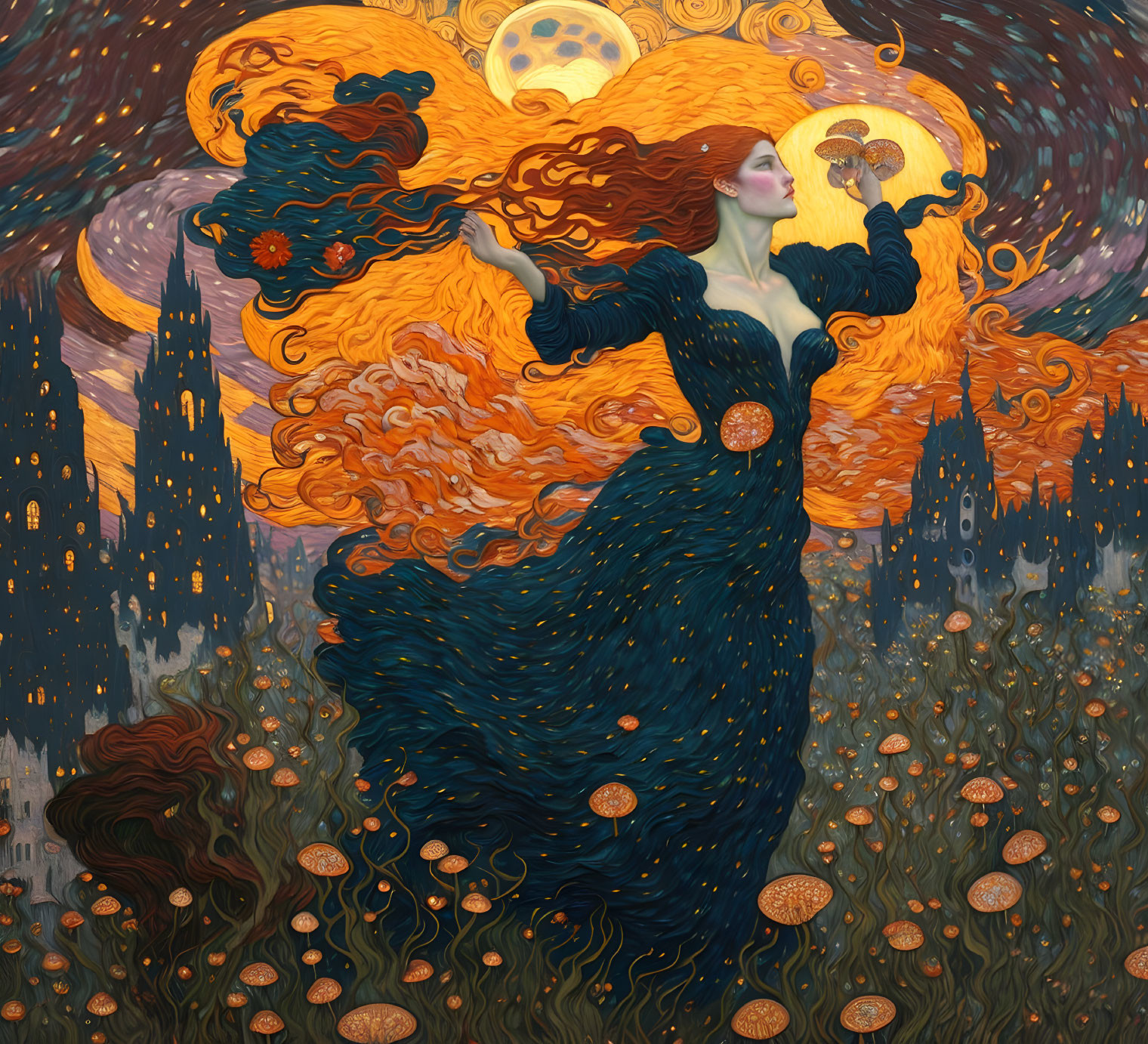 Stylized woman in dark blue dress with golden accents in cosmic setting