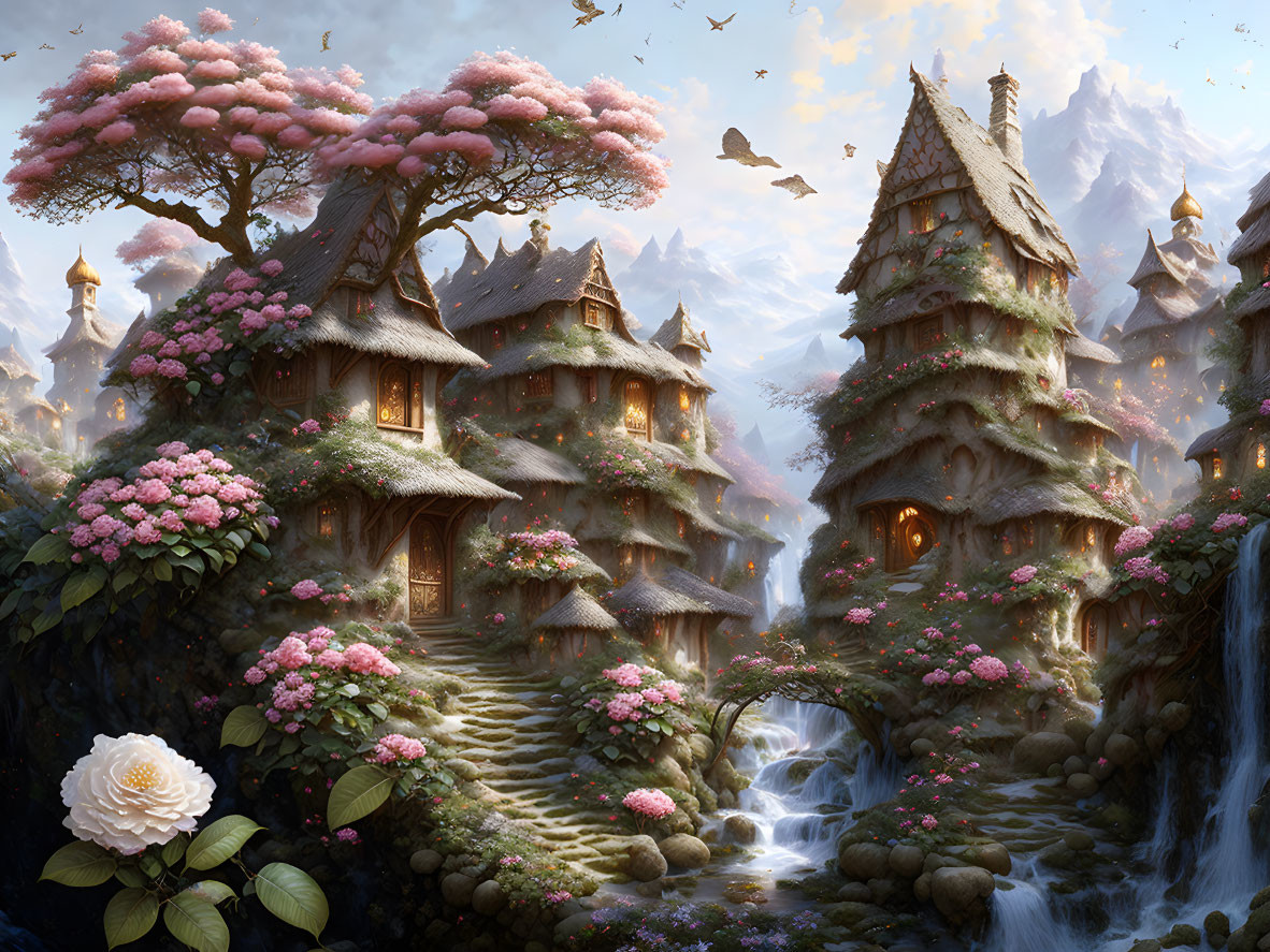 Fantasy landscape with moss-covered cottages, blooming trees, waterfalls, and stone steps under