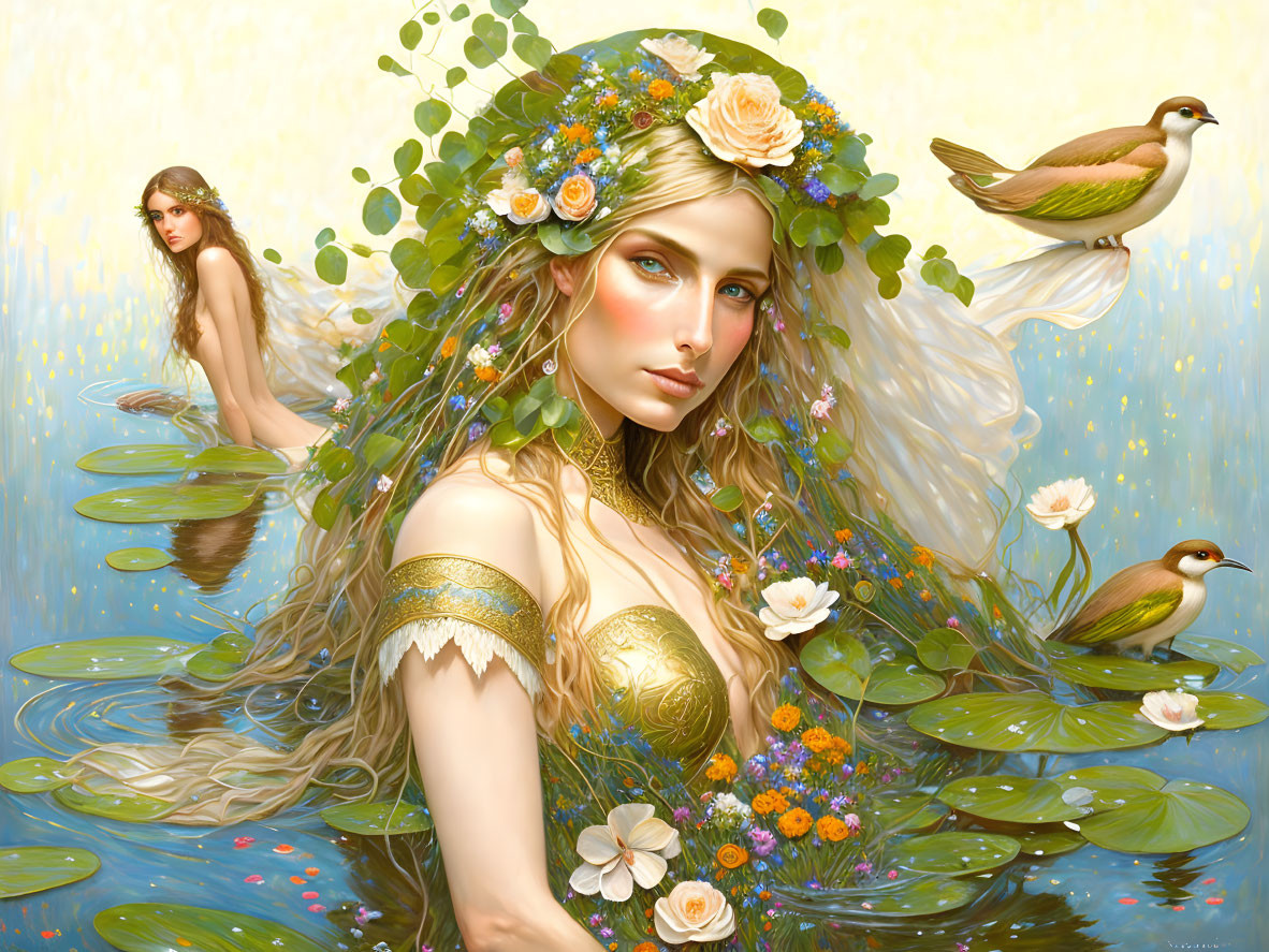 Fantastical woman with floral hair by serene pond