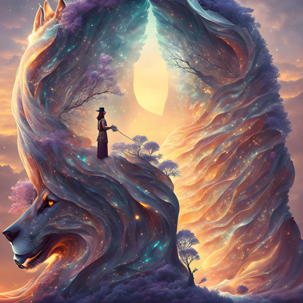 Person on Cliff with Cosmic Lion in Nebula Moonlight