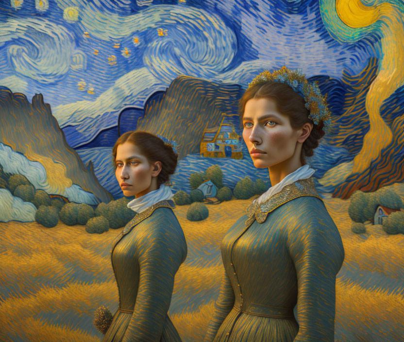 Two women in historical attire against swirling Van Gogh-esque landscape