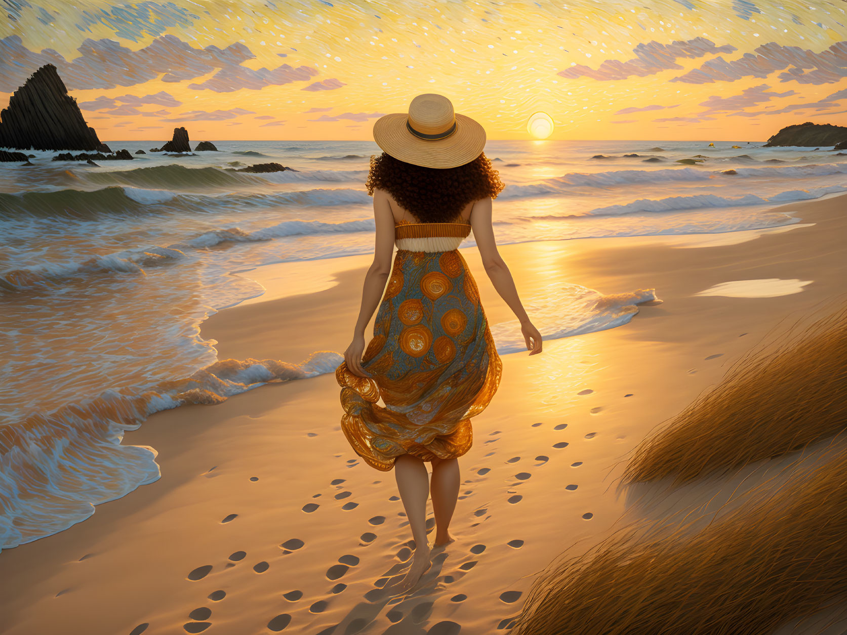 Woman in sunhat and dress strolls on beach at sunset