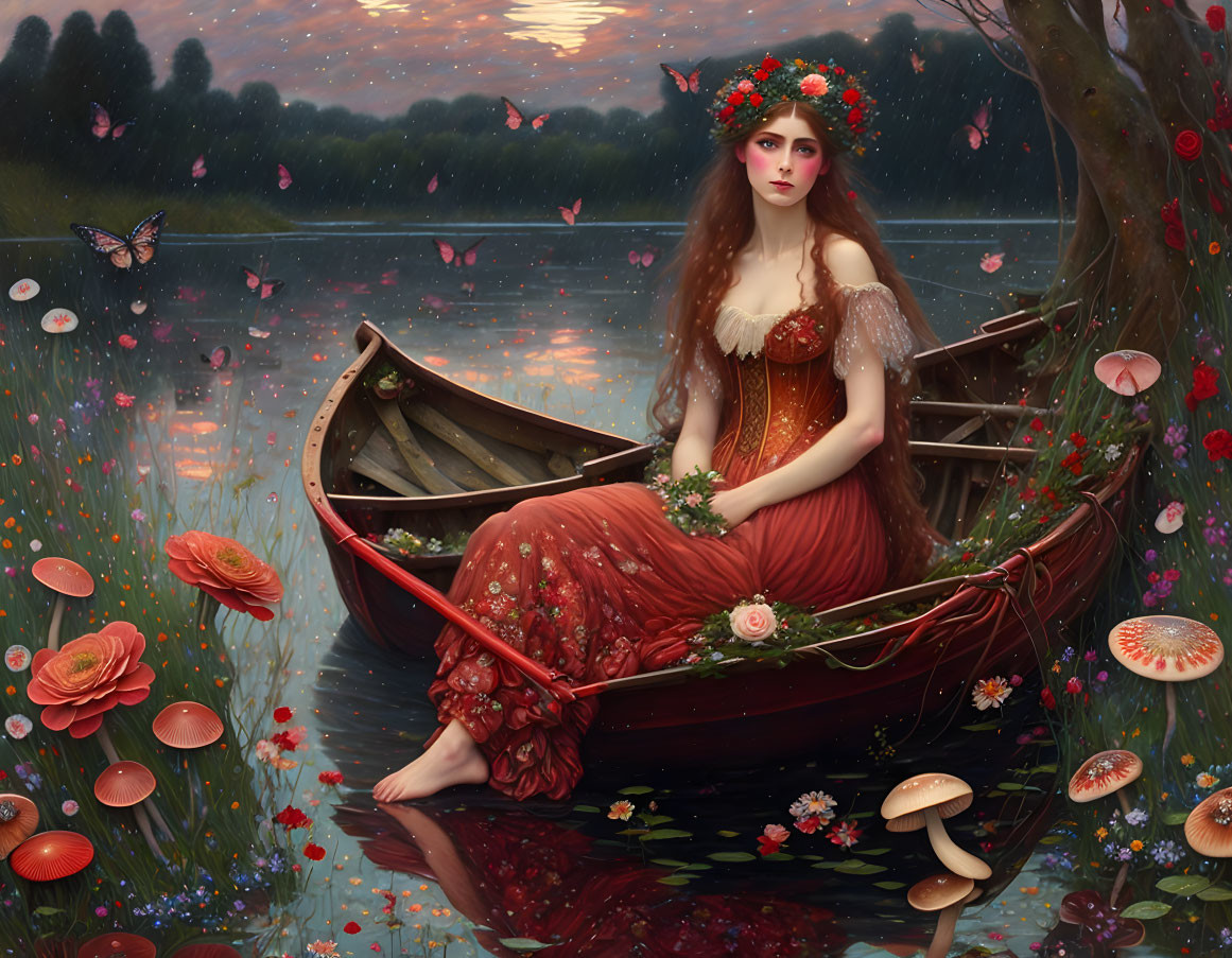 Red-haired woman in floral crown in boat with water lilies and mushrooms at dusk