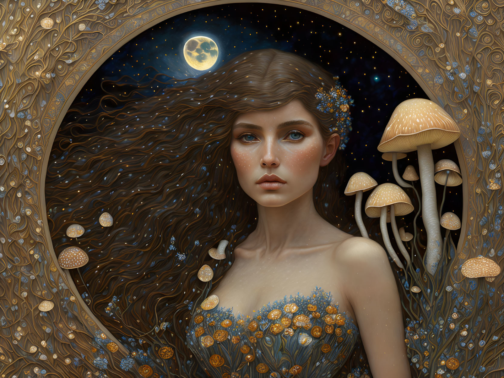 Fantasy portrait of woman with flowing hair and glowing mushrooms.