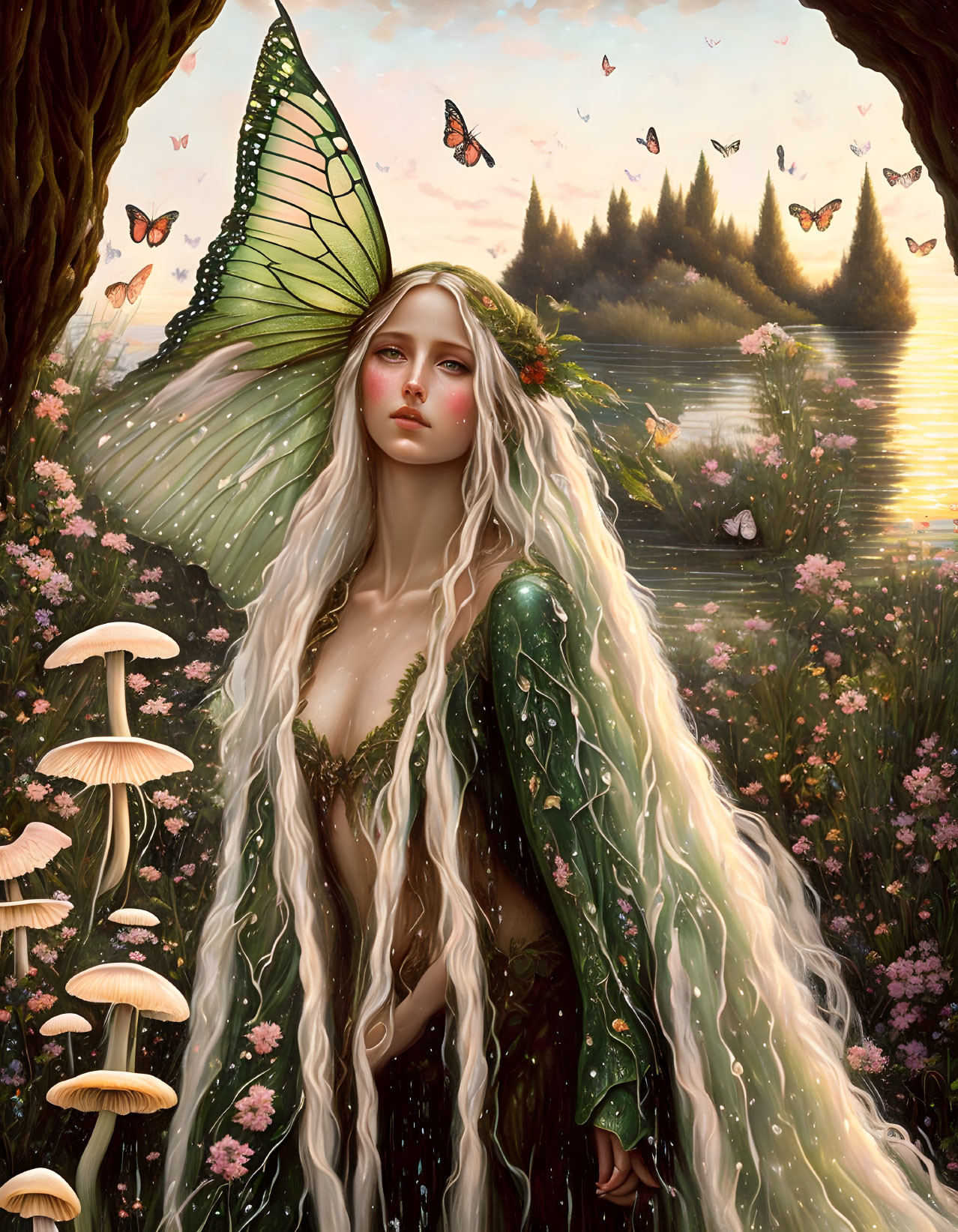 Fantasy illustration of woman with butterfly wings in lush forest