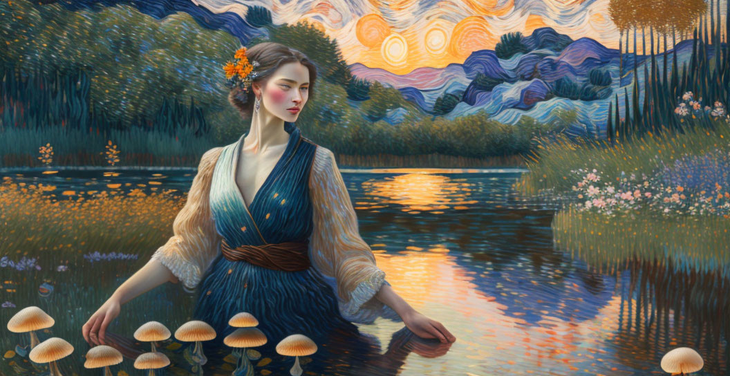 Woman with Flower in Hair Sitting by Reflective Water Body Surrounded by Nature and Stylized Patterns