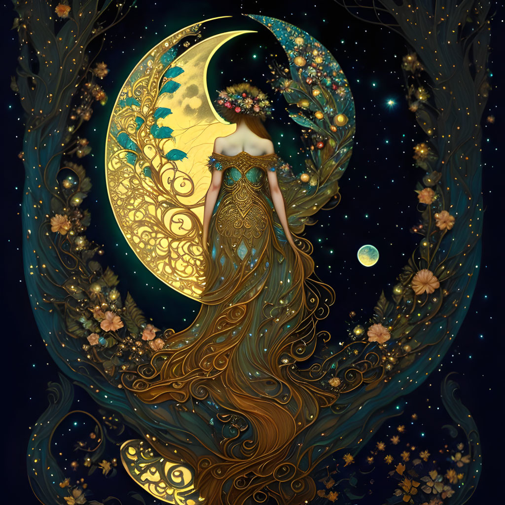 Illustration of woman merged with crescent moon in golden gown with floral and starry motifs