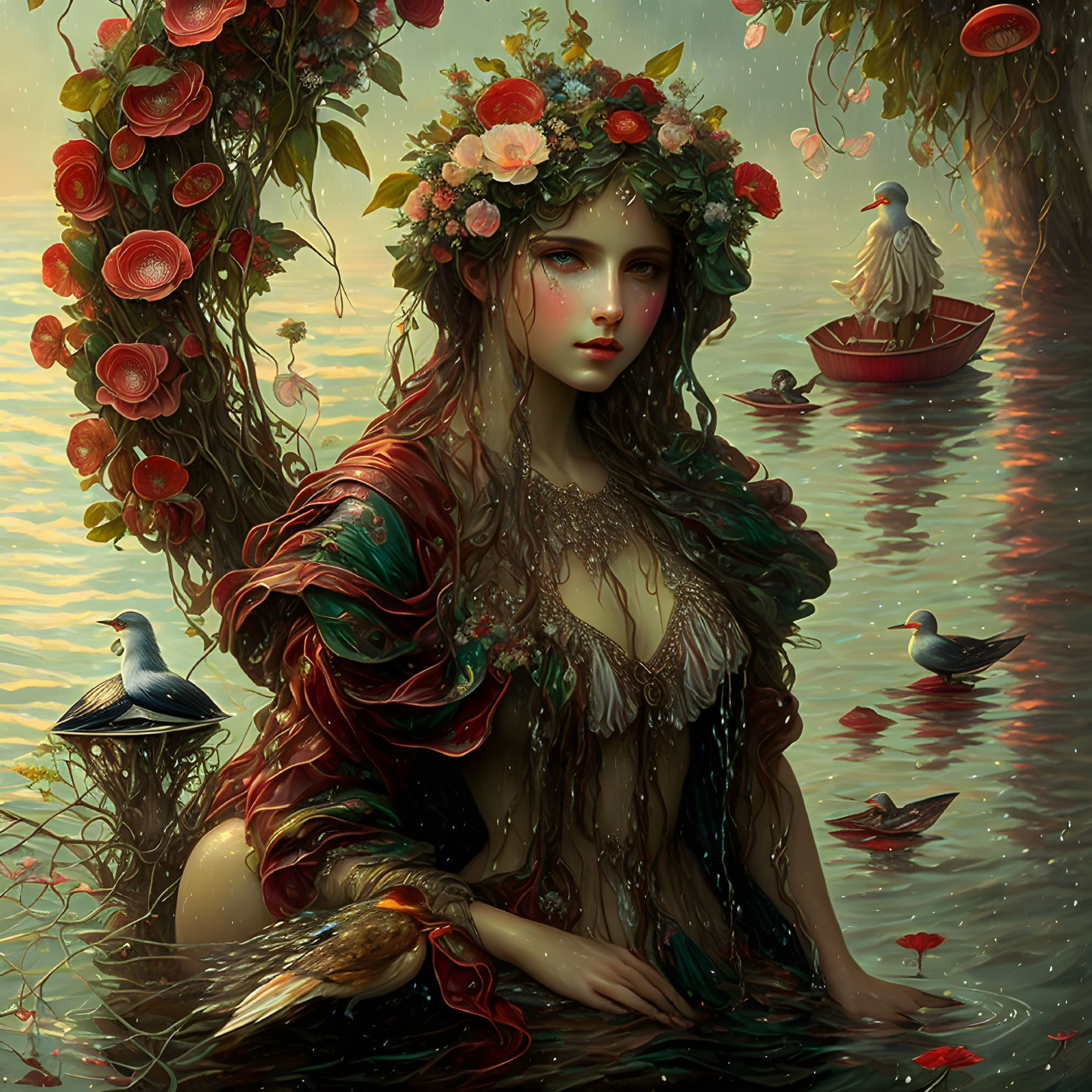 Mystical woman with floral wreath emerges from water surrounded by birds