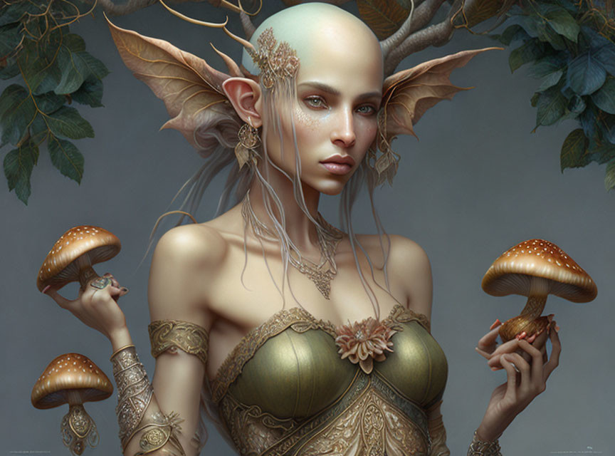 Fantasy elf with pointed ears, bald head, golden armlets, vine circlet, and magical