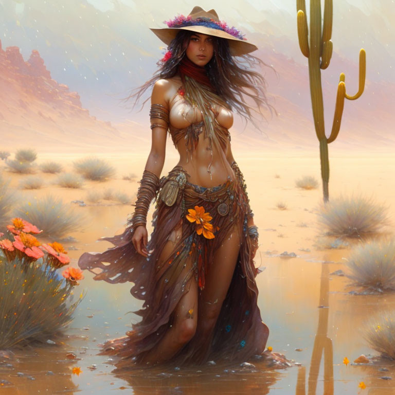 Fantasy desert scene with woman in revealing attire and wide-brimmed hat amidst cacti and