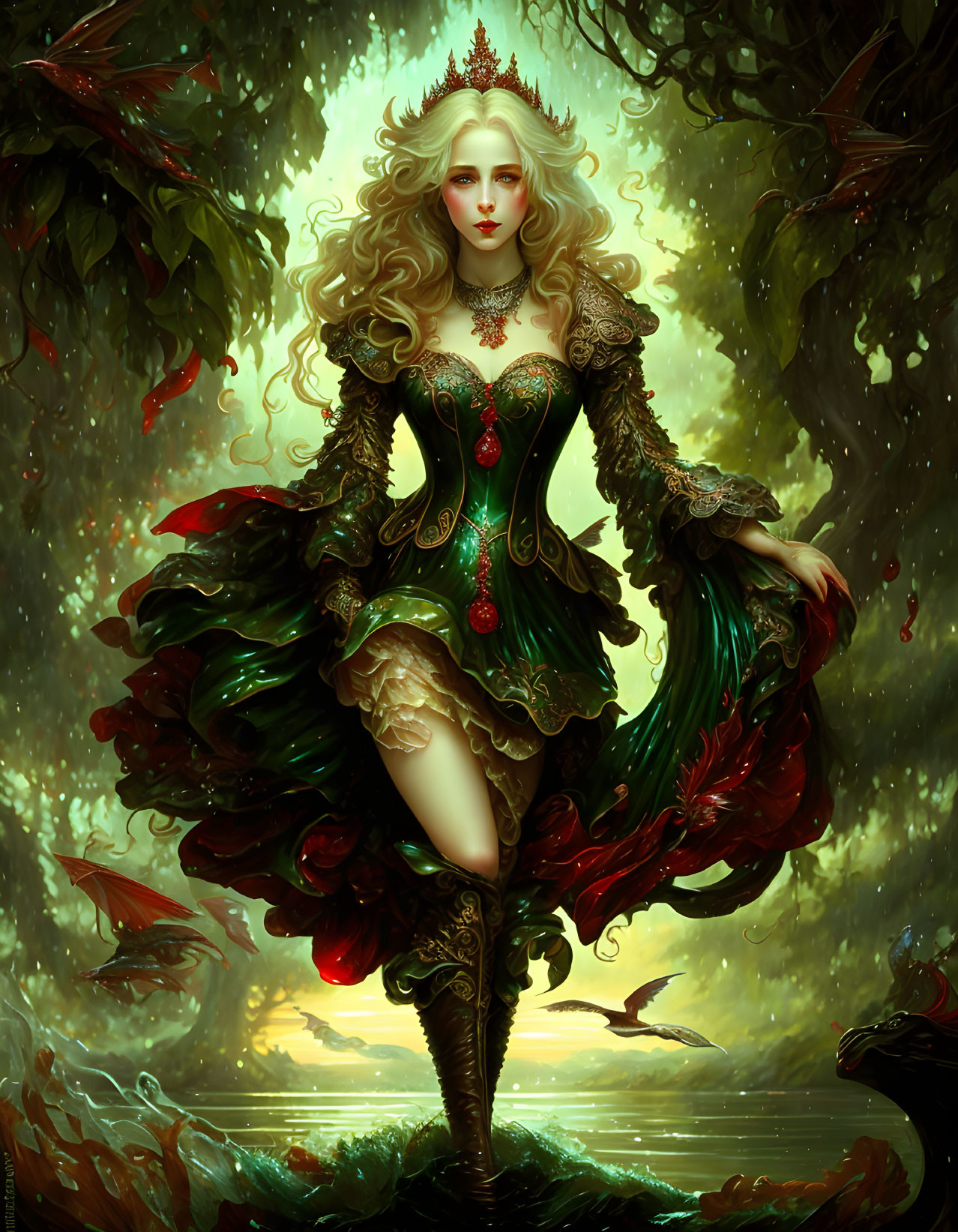 Ethereal woman in green and gold attire in enchanted forest