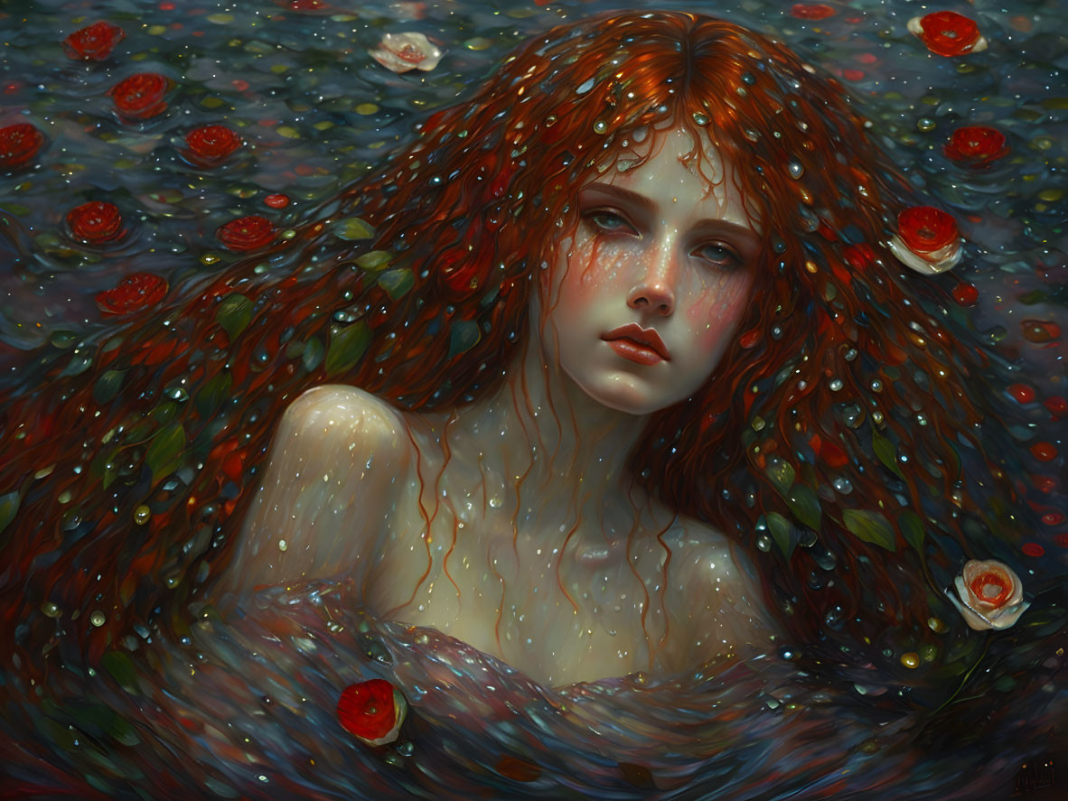 Portrait of Woman with Red Hair in Water with Rose Petals