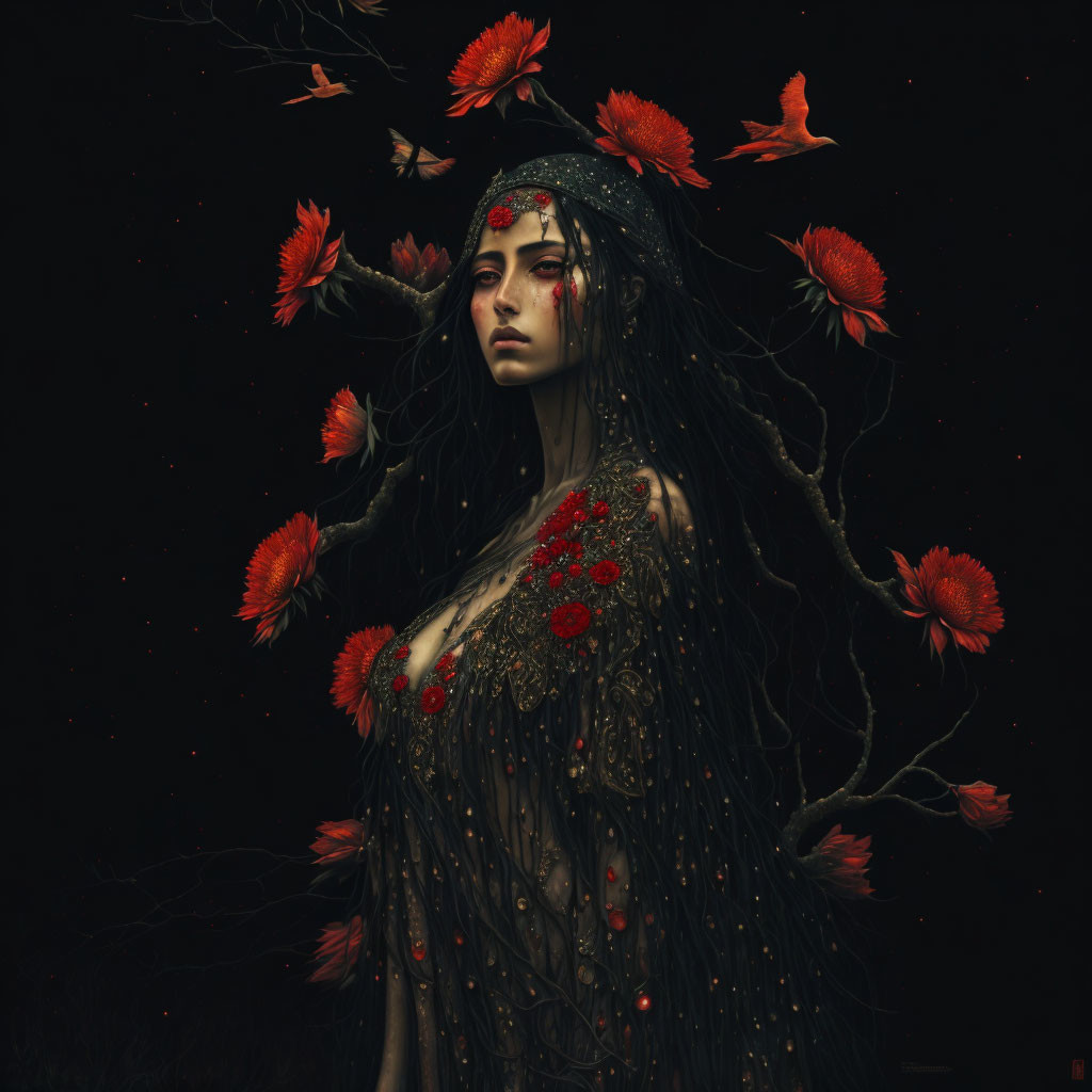 Mystical woman with tree branches hair and red flowers, birds in dark background