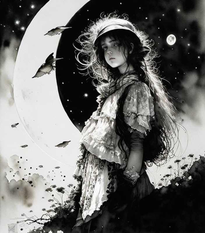 Monochrome illustration of girl with flowing hair, crescent moon, petals, and birds