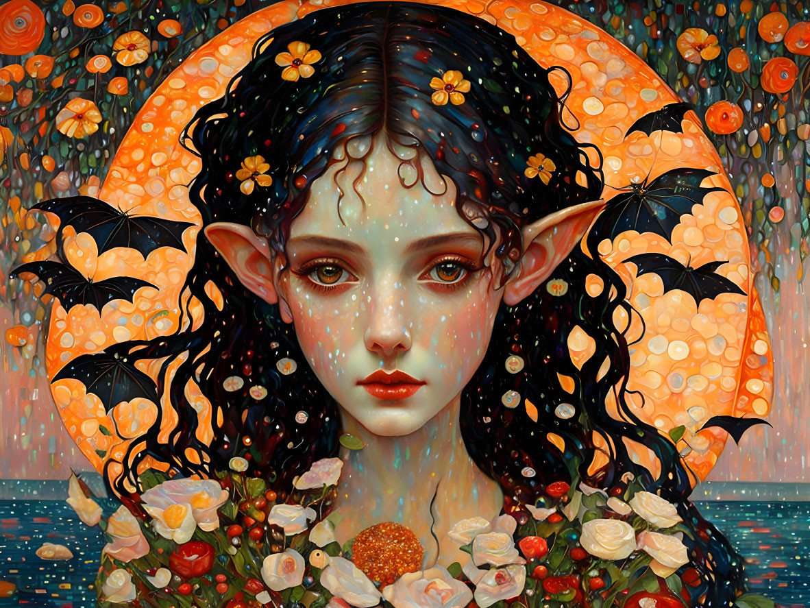 Fantasy female character with bat wings and pointed ears in floral and starry setting