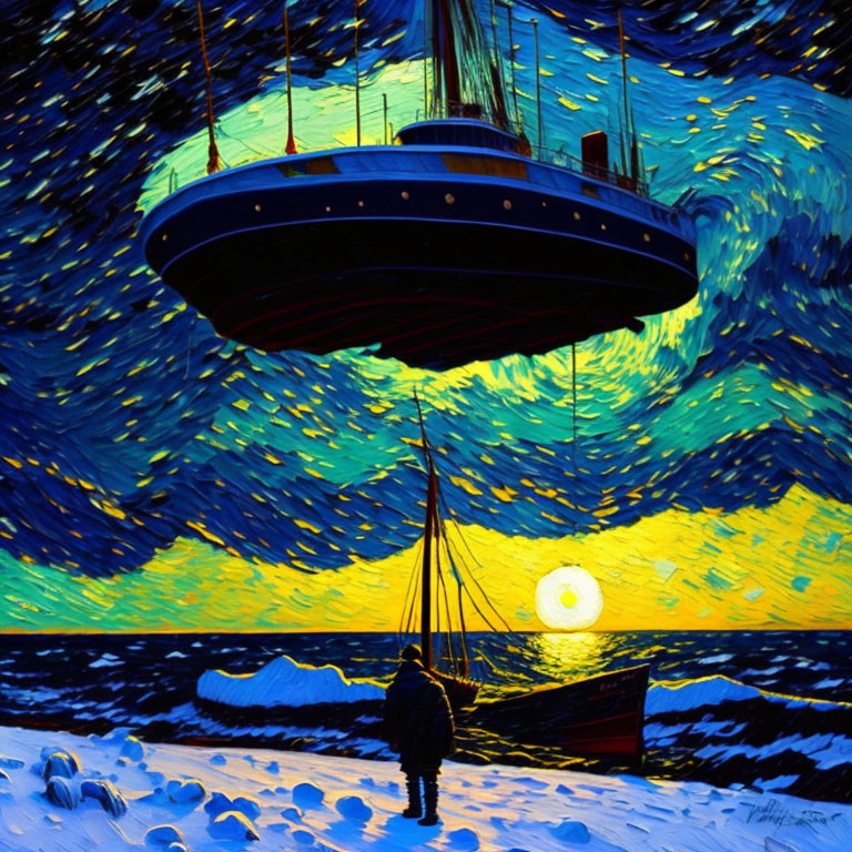 Snowy Beach Scene: Person Watching Ship in Starry Night Sky