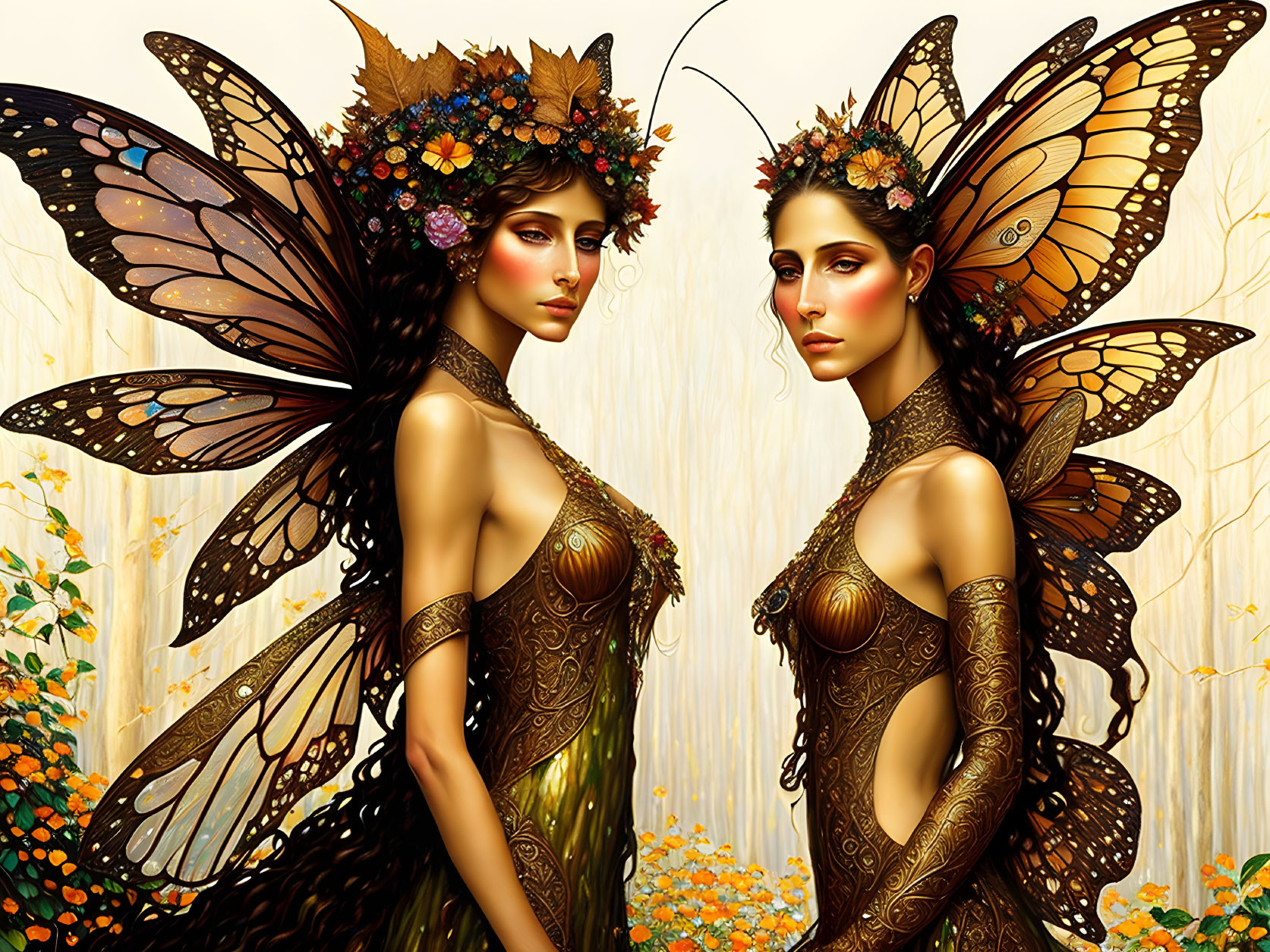 Ethereal women with butterfly wings in golden floral setting