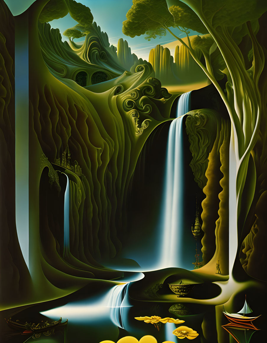 Surreal landscape with waterfall, face trees, boat, and organic shapes