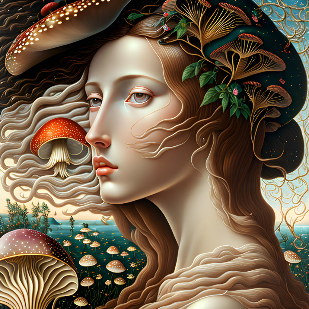 Surreal artwork of woman with flowing hair and nature elements