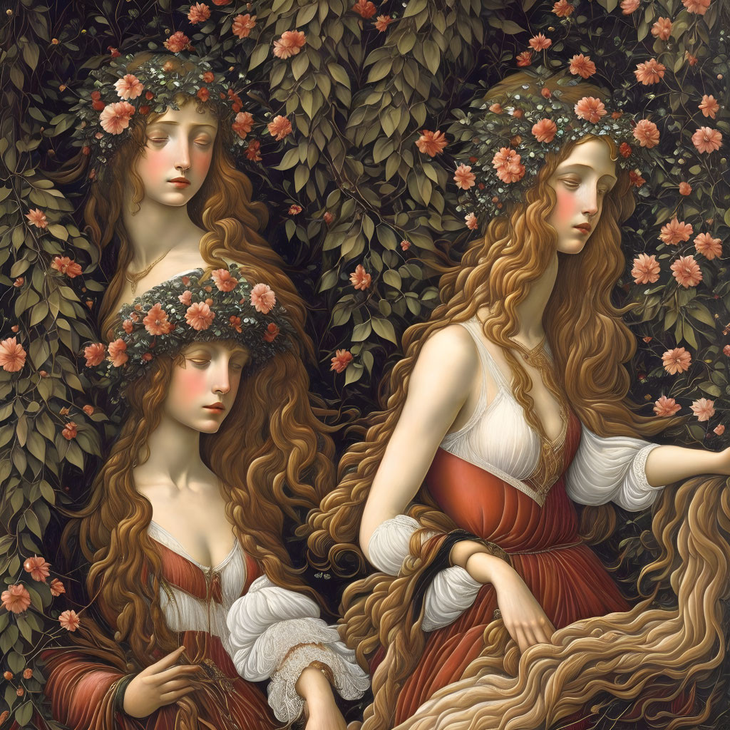 Three women with floral crowns and flowing hair in a Pre-Raphaelite style painting